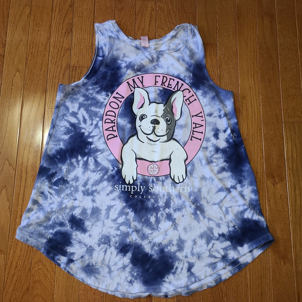 Simply Southern Women's tank tie dye french bulldog XL Frenchie Dog Lover Blue